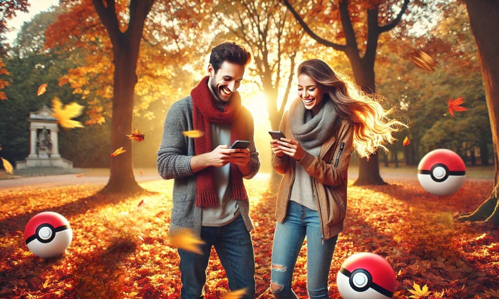 Ein junges Paar mit Handys lächelt beim Spielen im herbstlichen Park, umgeben von fallenden Blättern und Pokébällen. | © Sabrina Forst / KI generiert