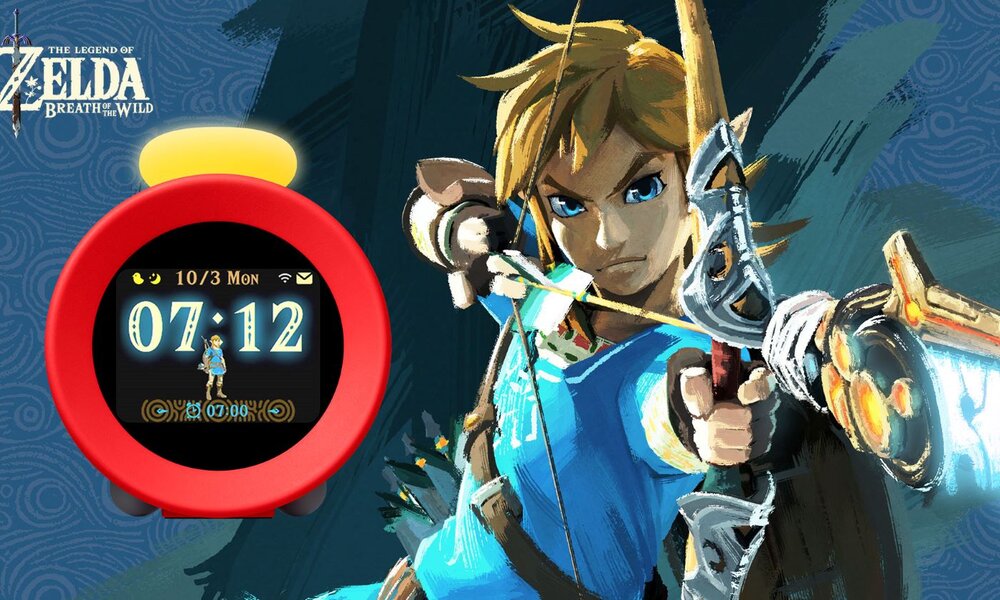 Ein digitaler Wecker in Rot zeigt die Uhrzeit 07:12, daneben eine Zeichnung eines blonden Mannes in blauer Rüstung mit Pfeil und Bogen. | © Nintendo