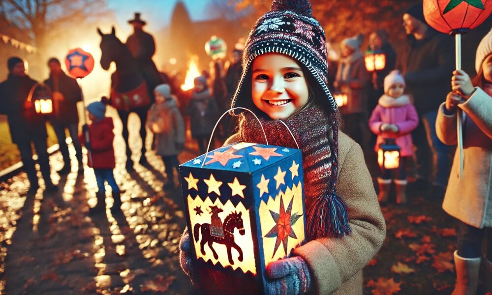 Ein fröhliches Mädchen in Winterkleidung hält eine leuchtende Laterne mit Sternenmotiv, umgeben von Menschen auf einem Laternenumzug. | © Sabrina Forst /KI generiert