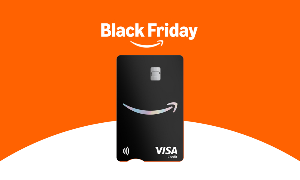 Amazon Visa | © Amazon Der Schriftzug "Black Friday", darunter die Amazon Visa-Karte in Schwarz mit dem Amazon-Zeichen darauf | © Amazon