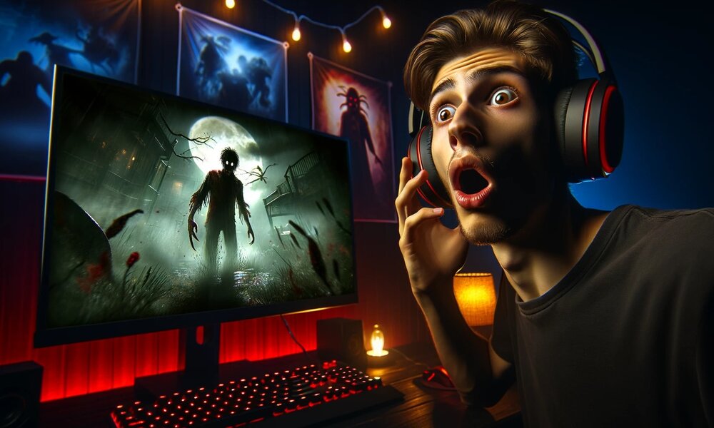 Erschrockener junger Gamer mit braunen Haaren und schwarzen Kopfhörern spielt ein Horror-Videospiel nachts. | © Sabrina Forst / KI generiert