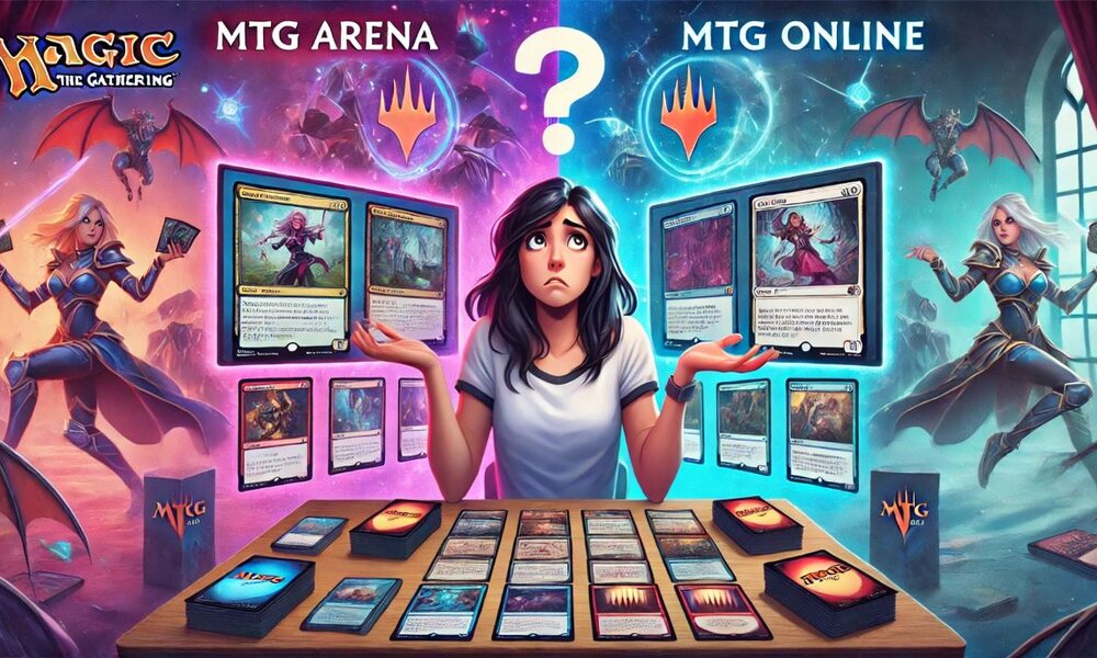 Junge Frau mit besorgtem Gesichtsausdruck sitzt vor Spielkarten und wählt zwischen MTG Arena und MTG Online. | © Sabrina Forst / KI generiert