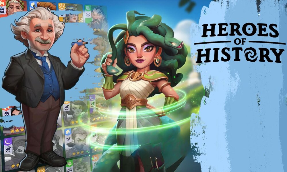 Albert Einstein zeigt lächelnd auf Medusa, die mit grünem Schlangenhaar und antiker Rüstung posiert. | © InnoGames