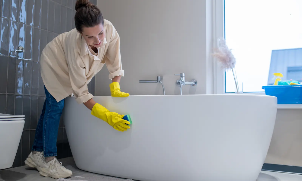 Frau reinigt vergilbte Badewanne | © adobe.stock.com/zinkevych