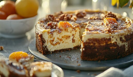 Angeschnittener Käsekuchen mit Orangenstückchen auf einem Kuchenteller, im Hintergrund unscharf Orangen in einer Schale. | © Adobe Stock / Sonya