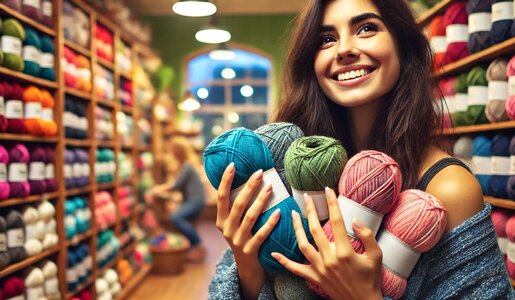 Eine junge Frau mit langen braunen Haaren hält lächelnd bunte Wollknäuel in einem farbenfrohen Wollgeschäft. | © Sabrina Forst / KI generiert