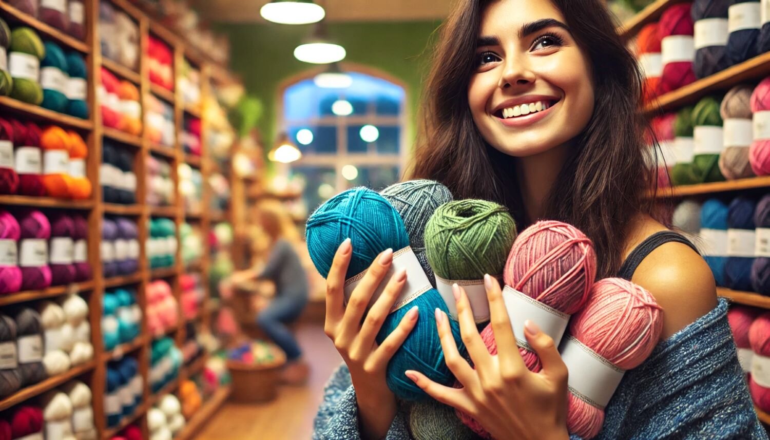 Eine junge Frau mit langen braunen Haaren hält lächelnd bunte Wollknäuel in einem farbenfrohen Wollgeschäft. | © Sabrina Forst / KI generiert
