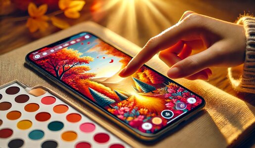 Nahaufnahme einer Hand, die auf einem Smartphone ein buntes Landschaftsbild bearbeitet, daneben eine Farbpalette. | © Sabrina Forst / KI generiert