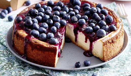 Angeschnittener Blaubeer-Käsekuchen auf einem Kuchenteller angerichtet. | © 	Isabell Triemer