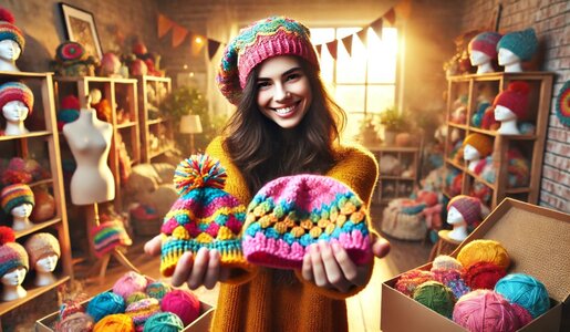 Lachende Frau mit bunter Baskenmütze hält stolz zwei farbenfrohe Mützen, umgeben von Garn und gestrickten Hüten auf Regalen. | © Sabrina Forst / KI generiert