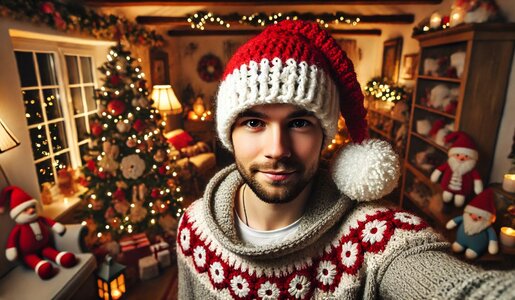 Ein junger Mann mit Weihnachtsmütze lächelt in einer festlich dekorierten Stube mit geschmücktem Weihnachtsbaum und Lichterketten. | © Sabrina Forst / KI generiert