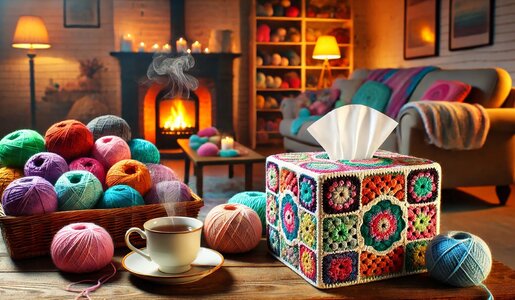 Ein gemütliches Wohnzimmer mit Kamin, ein Korb voller bunter Wollknäuel, dampfende Teetasse und eine gehäkelte Taschentuchbox auf Holztisch. | © Sabrina Forst / KI generiert