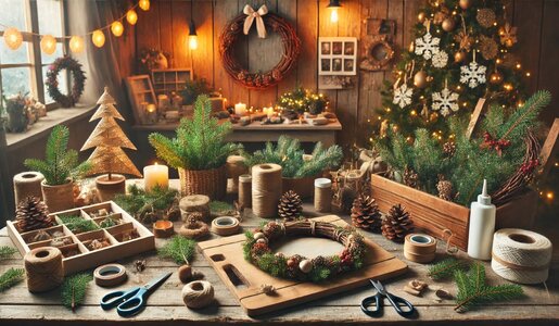 Ein weihnachtlich dekorierter Basteltisch mit Tannenzweigen, Zapfen, Garnrollen, einem halbfertigen Kranz und goldener Lichterkette. | © Sabrina Forst / KI generiert