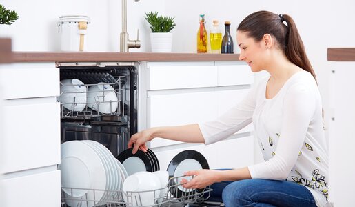  Eine Frau räumt in einer modernen Küche die Spülmaschine ein und platziert Geschirr und Teller in die vorgesehenen Fächer. | © Adobe Stock/Günter Menzl