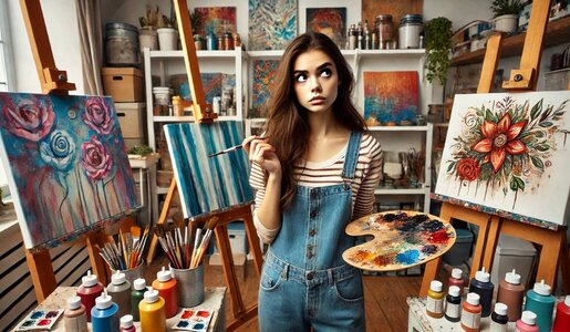 Eine junge Frau mit langen braunen Haaren und nachdenklichem Blick hält Pinsel und Farbpalette in einem bunt gestalteten Atelier. | © Sabrina Forst / KI generiert
