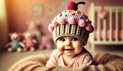 Ein lächelndes Baby mit großen dunklen Augen trägt eine gestrickte Mütze in Form eines Cupcakes und liegt in einer kuscheligen Decke im Kinderzimmer. | © Sabrina Forst / KI generiert