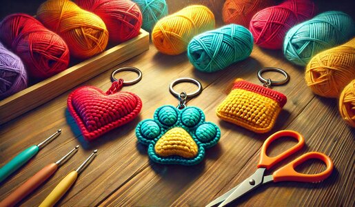 Bunte Wollknäuel, Häkelnadeln und Schlüsselanhänger in Herz-, Pfoten- und Taschenform liegen ordentlich auf einem Holztisch. | © Sabrina Forst / KI generiert