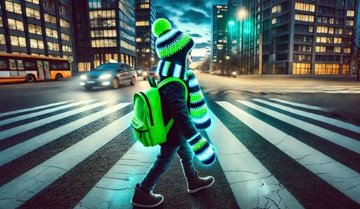 Ein Kind mit leuchtendem grünen Rucksack und reflektierender Winterkleidung überquert im Dunkeln einen Zebrastreifen in der Stadt. | © Sabrina Forst / KI generiert