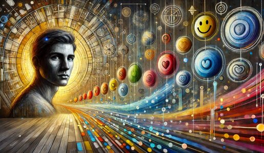 Ein abstraktes Kunstwerk zeigt das Porträt eines Mannes vor spiralförmigen Lichtbögen, die in bunte, schwebende Kreise mit Herzen und Smileys übergehen. | © Sabrina Forst / KI generiert