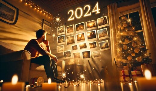 Ein Raum mit funkelndem Weihnachtsbaum, goldener Deko und einem Mann auf dem Sofa, der auf eine Wand mit Fotos und dem Schriftzug „2024“ blickt. | © Sabrina Forst / KI generiert