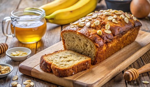 Ein angeschnittenes Bananenbrot auf einem Holzbrett, mit Haferflocken bestreut. | © Adobe Stock / Olga / mit KI generiert