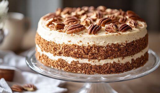 Schichttorte bestehend aus Nussanteil und Cremeanteil, belegt on top mit ganzen Pacanüssen. | © Adobe Stock / Yusif / mit KI generiert