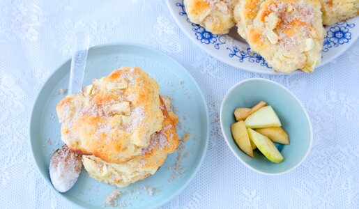 Apfel-Bällchen auf einem Teller, daneben frische Apfelscheiben und weitere Apfel-Bällchen, alles in blau gehalten. | © Adobe Stock / rainbow33