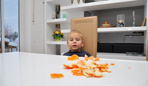 Großer weißer Tisch in der unteren Hälfte des Bildes, darauf liegen Mandarinenschalen und eine Mandarine in Orange, vor dem Tisch sitzt ein kleiner Junge in blau gekleidet und guckt die Mandarinen an, dahinter ein Regal | © Adobe Stock/Bernd Libbach