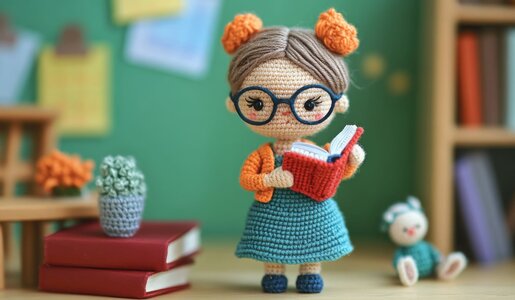 Süße Amigurumi-Figur mit blauer Schürze liest ein Buch, daneben ein gestricktes Stofftier und rote Bücher auf einem Tisch. | © Phunnada/stock.adobe.com/Generiert mit KI
