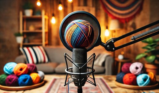 Großaufnahme eines Studio-Mikrofons mit farbenfrohem Wollknäuel, im Hintergrund eine Couch, Pflanzen und dekorative Lichter. | © Sabrina Forst / KI generiert