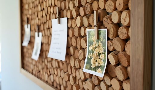 Eine Pinnwand aus Weinkorken mit Notizen und einem Foto gelber Blumen, befestigt mit Holzklammern. | © sarahsophie /stock.adobe.com / generiert mit KI