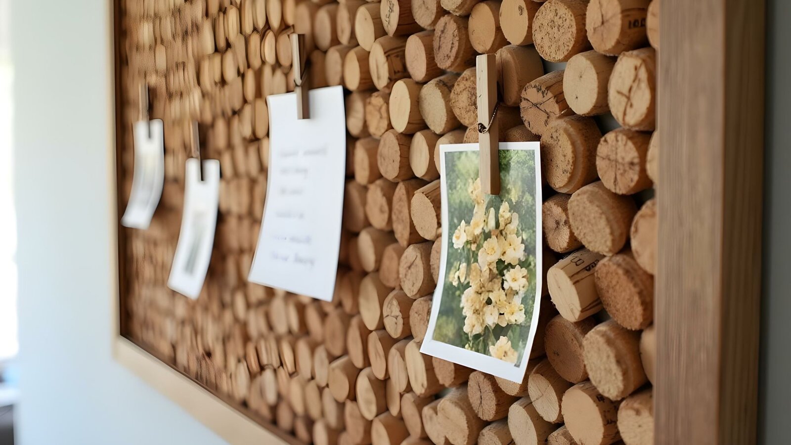 Eine Pinnwand aus Weinkorken mit Notizen und einem Foto gelber Blumen, befestigt mit Holzklammern. | © sarahsophie /stock.adobe.com / generiert mit KI