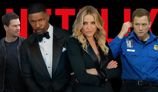 Montage mit Mark Wahlberg, Jamie Foxx, Cameron Diaz und Taron Egerton zu den neuen Netflix-Actionfilmen "The Union", "Carry on" und "Back in Action" vor dem Hintergrund des Netflix-Logos | © Netflix