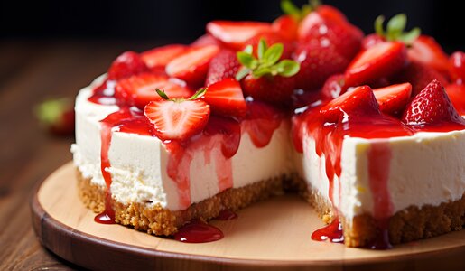Käsekuchen drapiert mit frischen Erdbeeren und etwas Erdbeerpüree. Garniert mit frischer Minze, Kuchen in der Nahaufnahme auf Holzuntergrund. | © Adobe Stock / sam