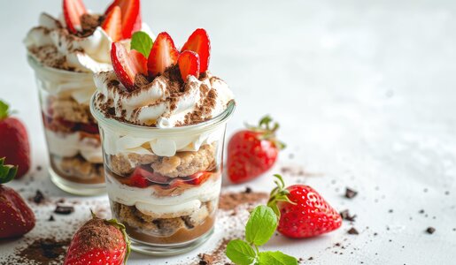 Zwei Dessertgläser befüllt mit Erdbeer-Tiramisu, daneben einige frische Erdbeeren und etwas frische Minze. | © Adobe Stock / LimeSky