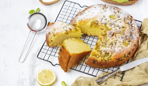 Angeschnittener Joghurtkuchen auf Küchengitter, daneben Zitronenscheiben. | © Getty Images /Pronina Marina