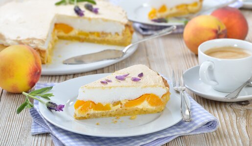 Angeschnittener Schmand-Pfirsich-Kuchen, davor ein Stück des Kuchens neben frischen Pfirsichen und einer Tasse Kaffee. | © Adobe Stock / kab-vision