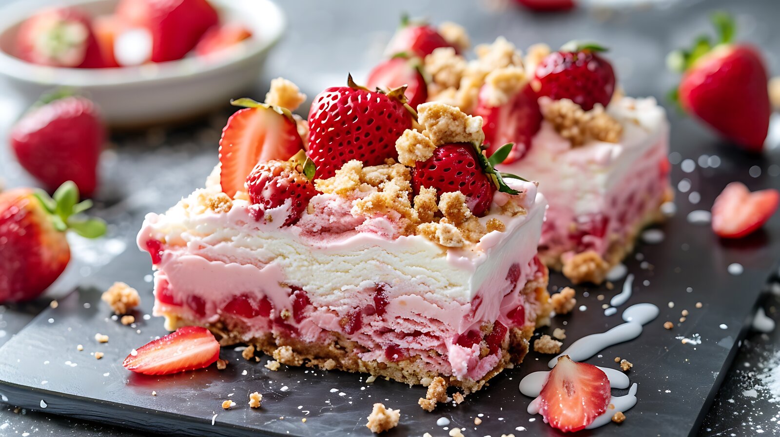 Angeschnittene Eistorte mit Erdbeeren und Crumble. | © Adobe Stock / Bonnie