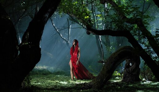 Eine Frau in dramatischem roten Kleid schreitet durch einen dunklen Wald in einer Szene aus der Netflix-Serie "Shamaran" | © Netflix/Övünç Sarp Özdemir