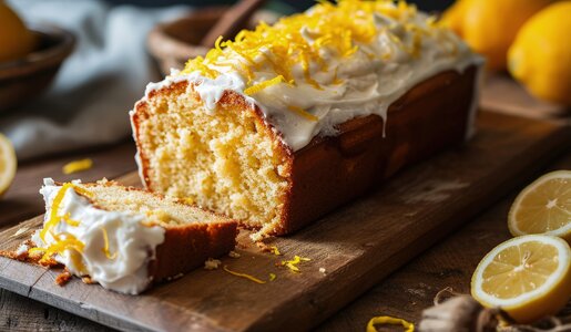 Angeschnittener Zitronenkuchen in Kastenform auf einem Brett liegend mit Guss überzogen. | © Adobe Stock / HN Works