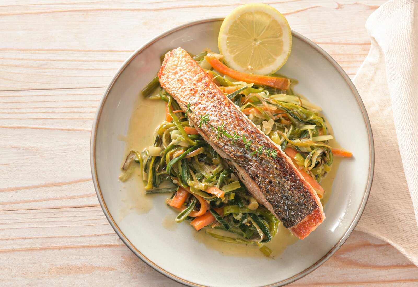 Gebratener Lachs auf Zucchini-Pasta mit Zitronen-Soße auf einem weißen Teller angerichtet. | © Adobe Stock / Maren Winter