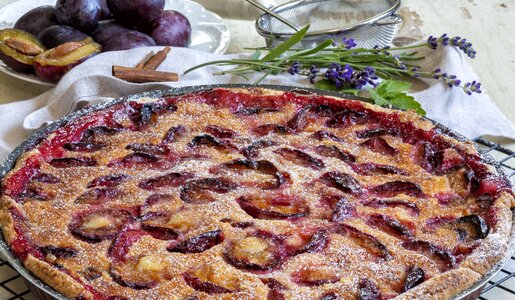 Pflaumenkuchen in Kuchenform, daneben frische Pflaumen und etwas frischer Lavendel. | © Getty Images / 	alle12