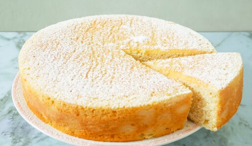 Angeschnittener Joghurtkuchen auf einem Kuchenteller mit Puderzucker. | © Getty Images / p_saranya
