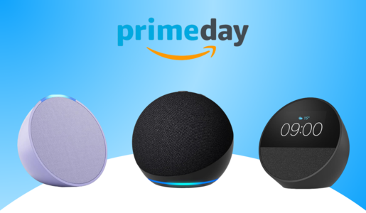 Das Logo des Prime Day 2024, darunter der Amazon Echo Pop in grau, sowie der Echo Dot und der Echo Spot in Schwarz | © Amazon