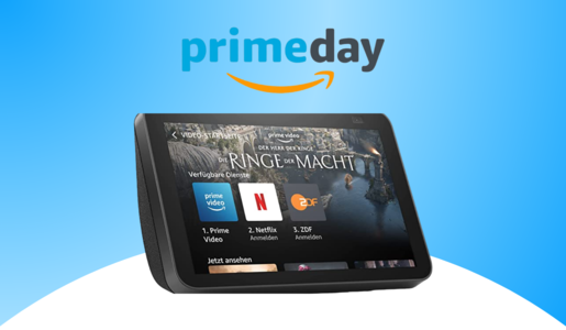 Das Logo des Prime Day 2024, darunter ein Echo-Display mit der Benutzeroberfläche, dabei u.a. das Logo von "Die Ringe der Macht" | © Amazon