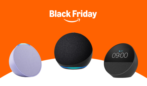 Der Schriftzug "Black Friday" mit dem Amazon-Pfeil, darunter die Echo Pop-, Echo Dot- und Echo Spot-Lautsprecher in verschiedenen Farben | © Amazon