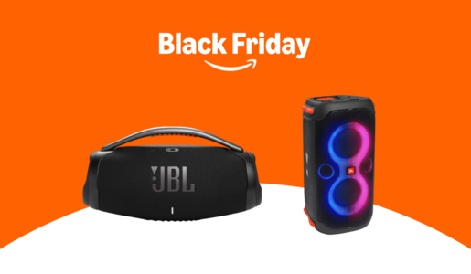 "Black Friday"-Schriftzug über zwei JBL-Lautsprechern, links die JBL Boombox, rechts die leuchtende JBL Partybox. | © Amazon/JBL