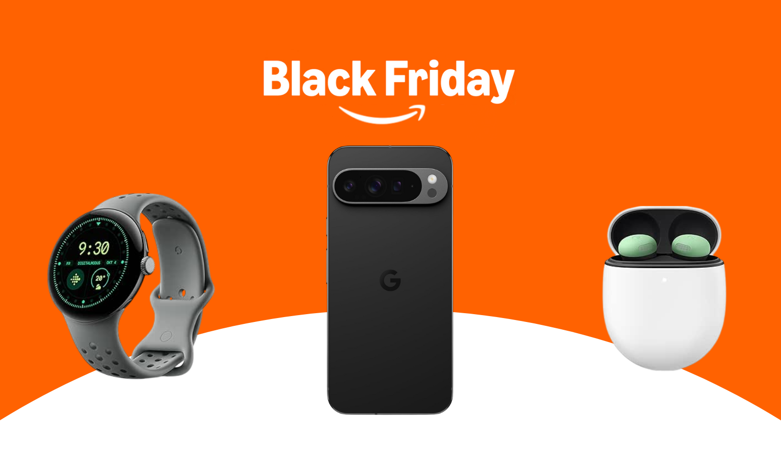 Der Schriftzug "Black Friday" mit dem Amazon-Zeichen, darunter das Google Pixel 9 in schwarz, zwischen den Pixel Buds 2 Pro und der Pixel Watch 3 in grau. | © Amazon/Google