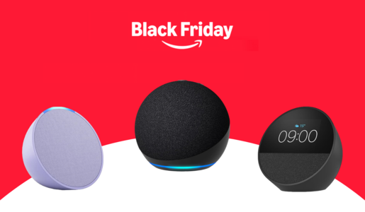 Der Schriftzug „Black Friday 2024“ mit dem Amazon-Logo, darunter der Echo Pop, Echo Dot und Echo Spot in verschiedenen Designs. Der Echo Spot ist ein schwarzes Modell mit Display und einer LED-Leiste. | © Amazon