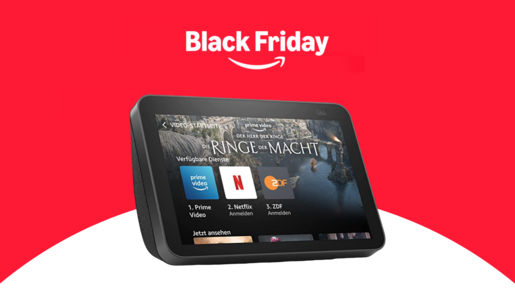 Ein schwarzes Echo Show 8 Smart-Display mit der Serie „Die Ringe der Macht“ auf dem Bildschirm vor rotem Hintergrund mit „Black Friday“-Schriftzug. | © Amazon